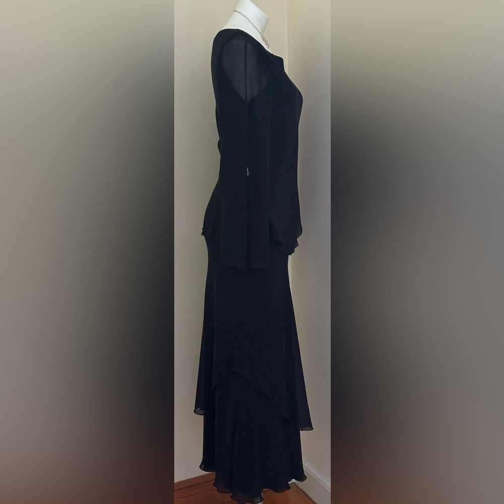 VINTAGE SILK Black, Sheer Ruffled, Asymmetrical Evening Dress Sz M - Picture 2 of 16